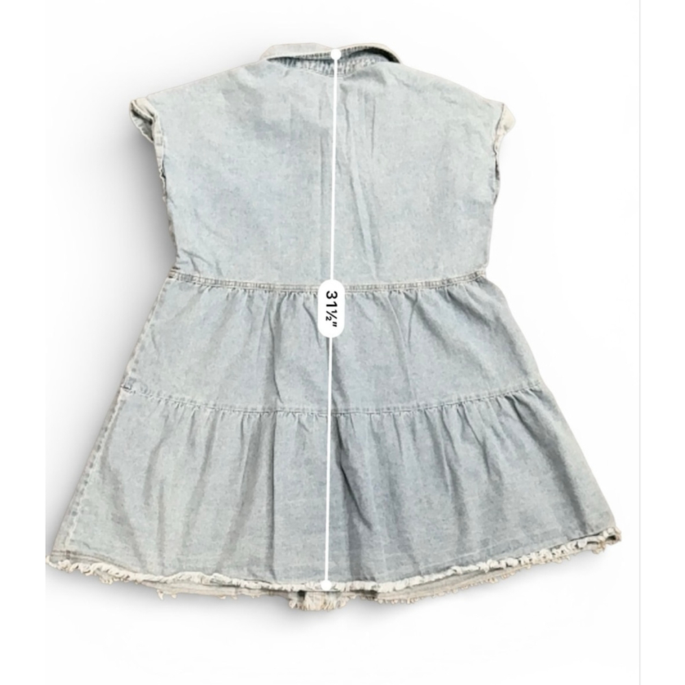 VICI Womens Chambray Denim Mini Dress Pearl Snap Front Ruffle Tiered Sz S - Picture 4 of 7